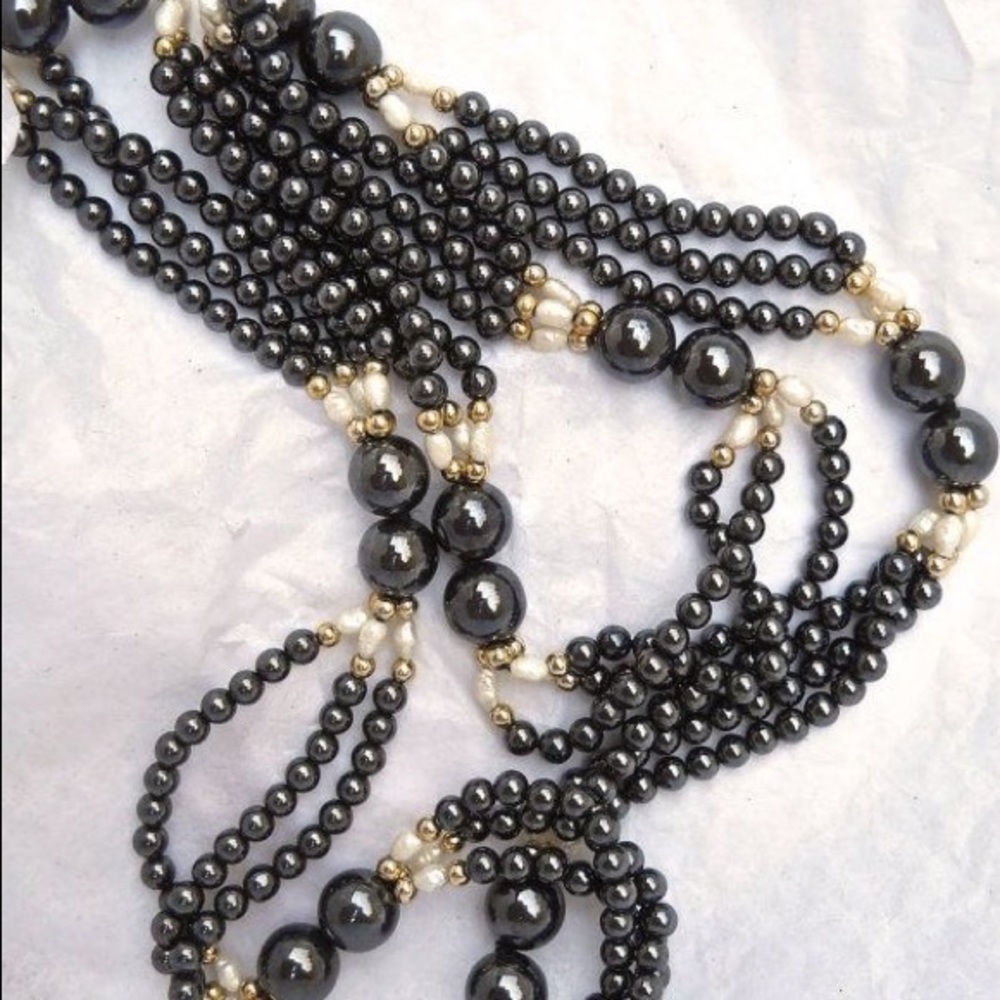 Vintage Hematite and Seed Pearl Necklace and Earring set - Picture 1 of 4